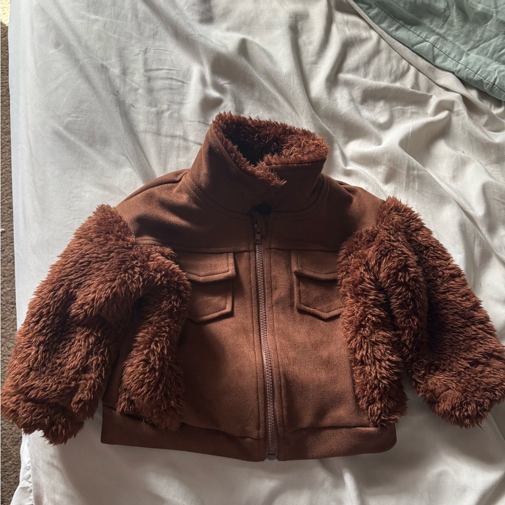 SHEIN Brown Kids Puffer Jacket with Faux Fur